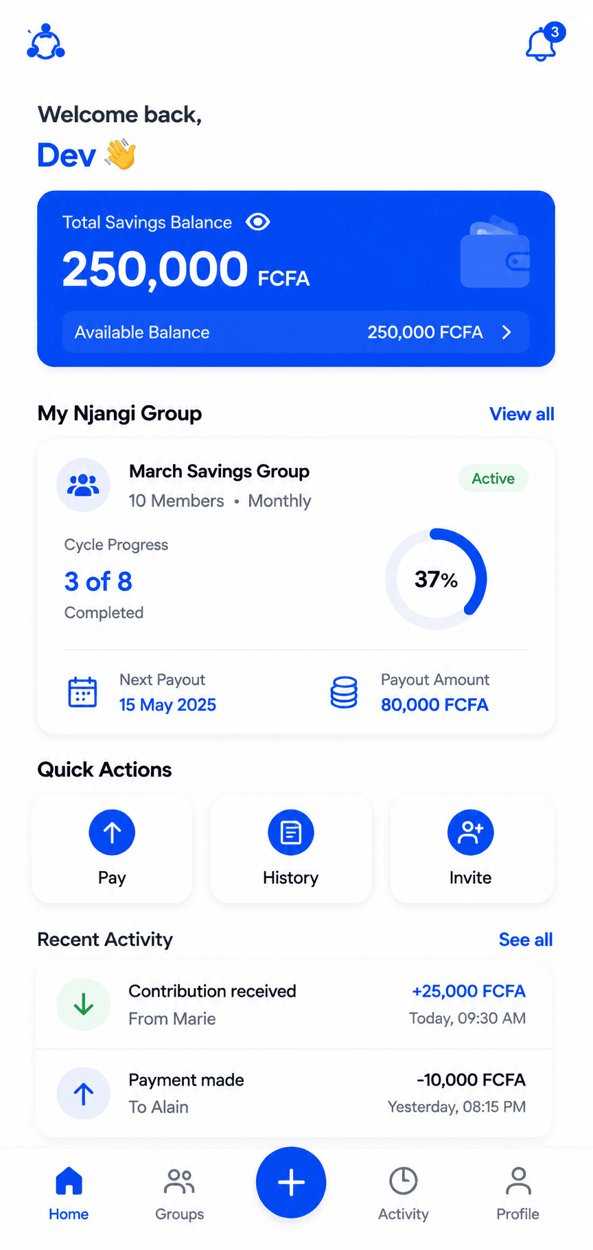 Dashboard screen of the e-Njangi app